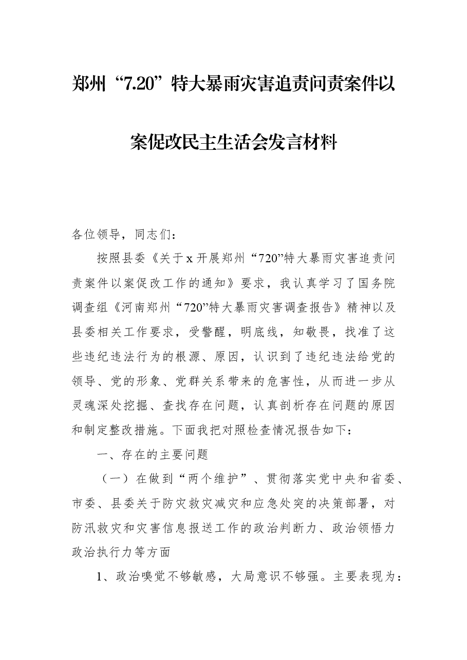 郑州“7.20”特大暴雨灾害追责问责案件以案促改民主生活会发言材料.docx,第1页预览