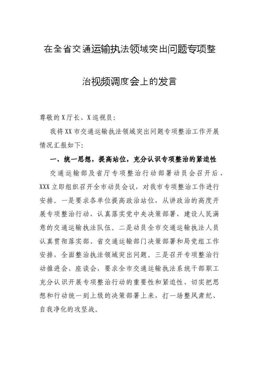 在全省交通运输执法领域突出问题专项整治视频调度会上的发言.docx，第1页预览