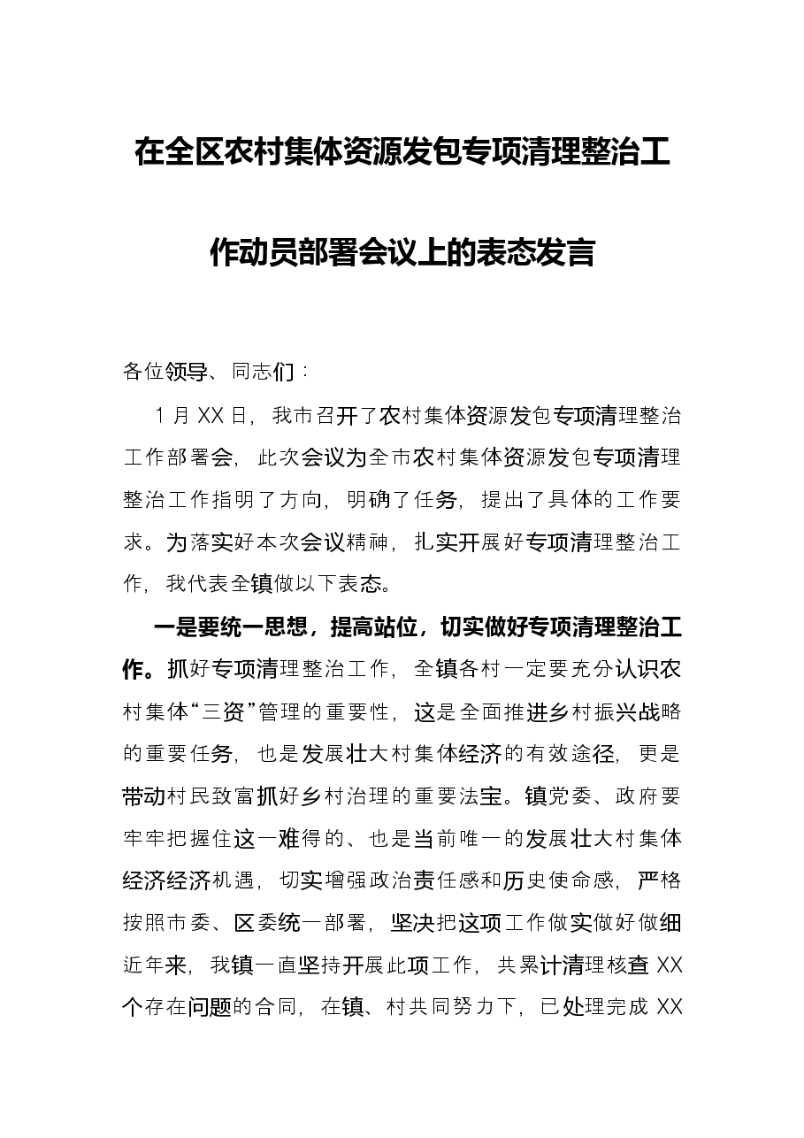 在全区农村集体资源发包专项清理整治工作动员部署会议上的表态发言.docx，第1页预览