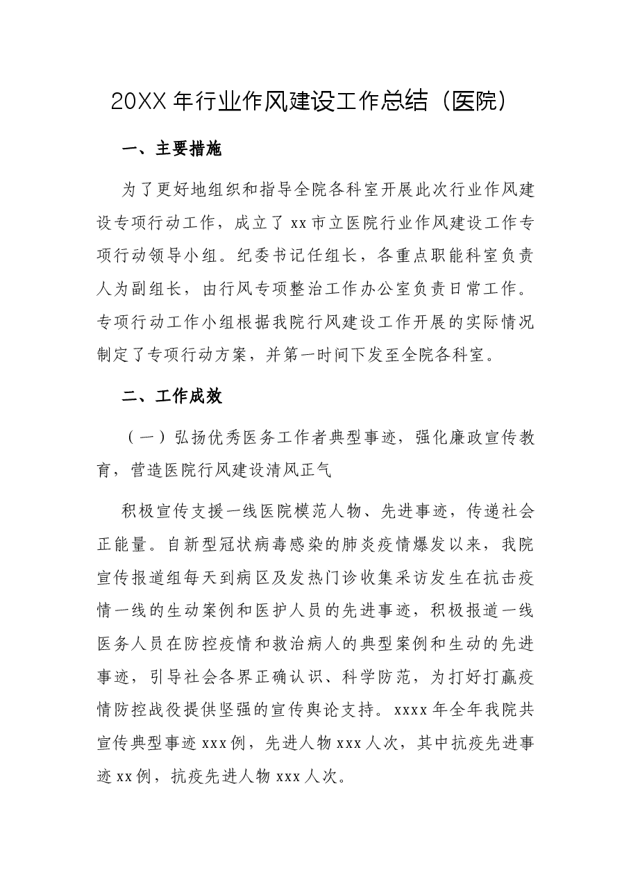 20XX年行业作风建设工作总结(医院).docx,第1页预览
