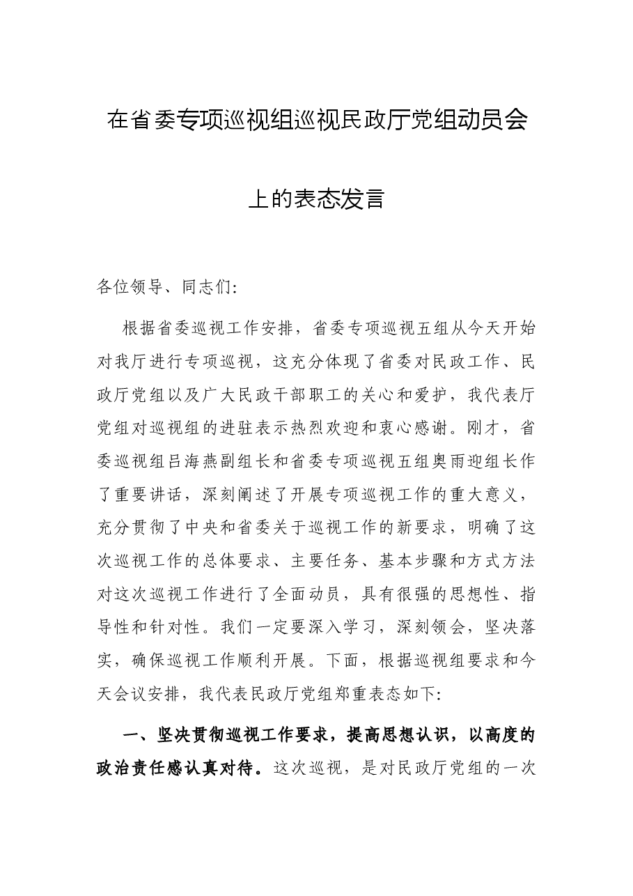 在省委专项巡视组巡视民政厅党组动员会上的表态发言.docx,第1页预览