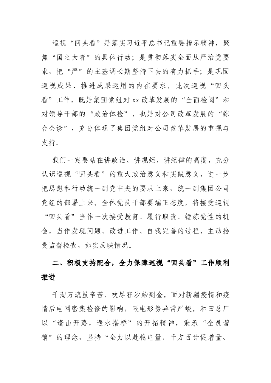 董事长在集团党组巡视组对XX党委巡视“回头看”动员会上的表态发言(集团公司).docx,第2页预览