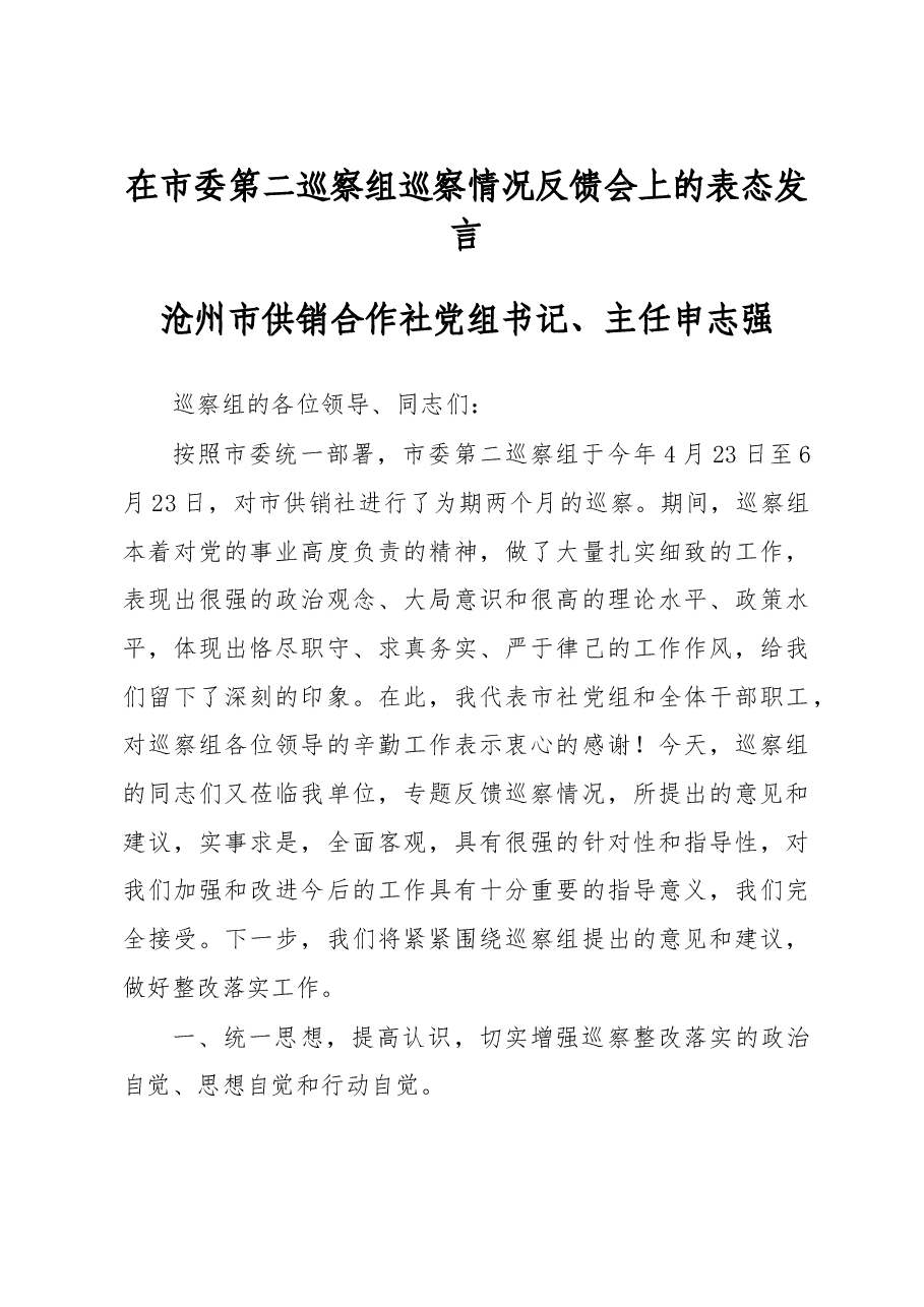 XX市供销合作社在市委第二巡察组巡察情况反馈会上的表态发言.doc,第1页预览