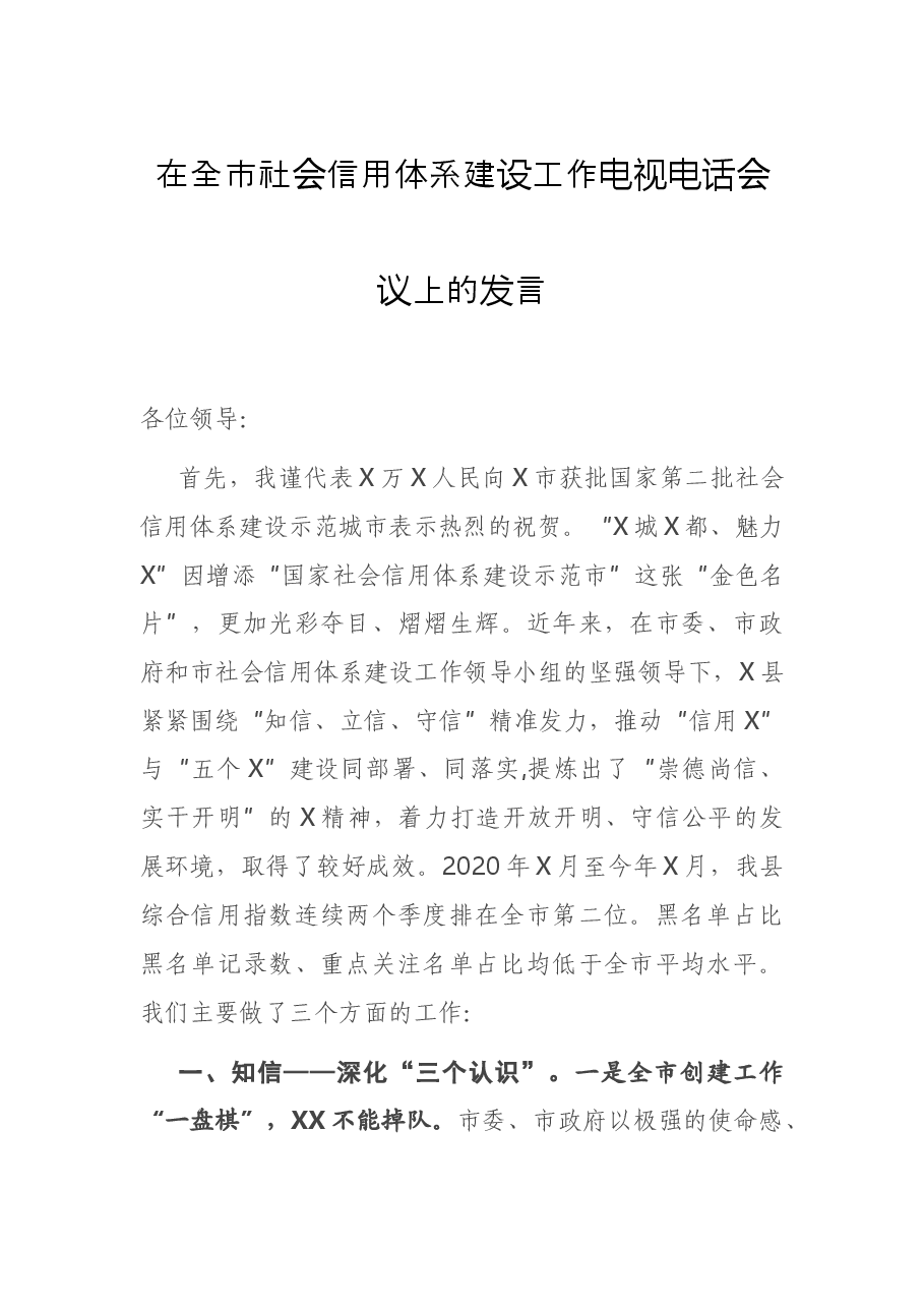 在全市社会信用体系建设工作电视电话会议上的发言.docx,第1页预览