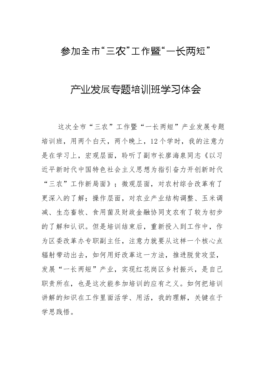 参加全市“三农”工作暨“一长两短”产业发展专题培训班学习体会.docx,第1页预览