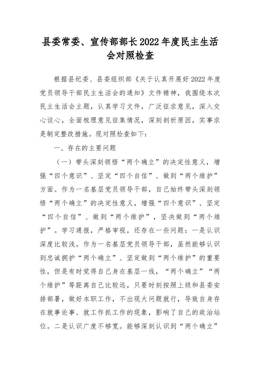 县委常委、宣传部部长2022年度民主生活会对照检查.docx,第1页预览
