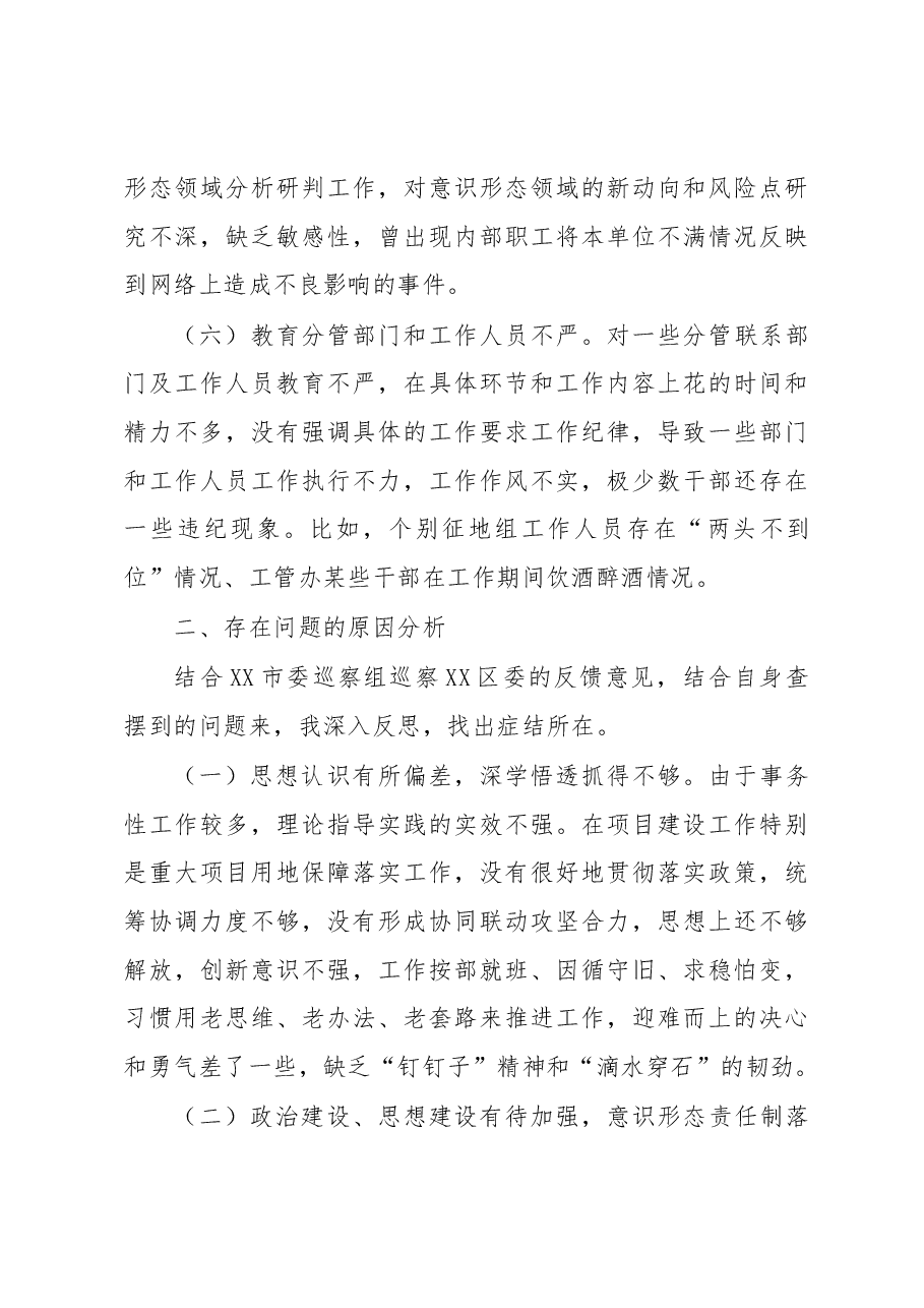 分管国土资源副区长落实市委巡察组反馈意见整改专题民主生活会发言提纲.docx,第3页预览