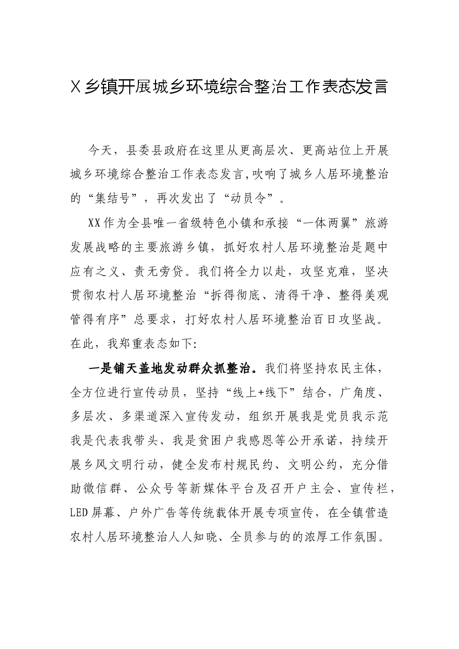 X乡镇开展城乡环境综合整治工作表态发言.docx,第1页预览