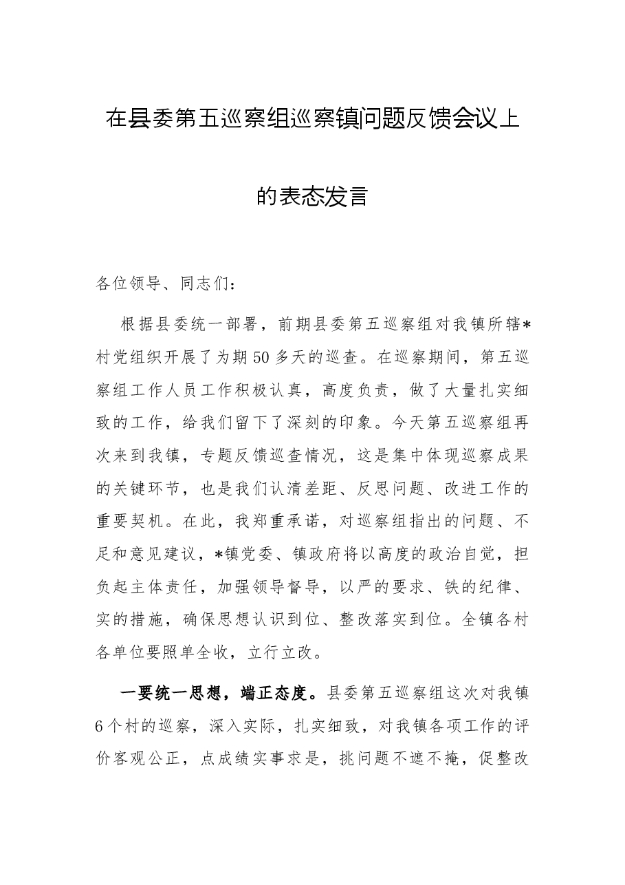 在县委第五巡察组巡察镇问题反馈会议上的表态发言.docx,第1页预览