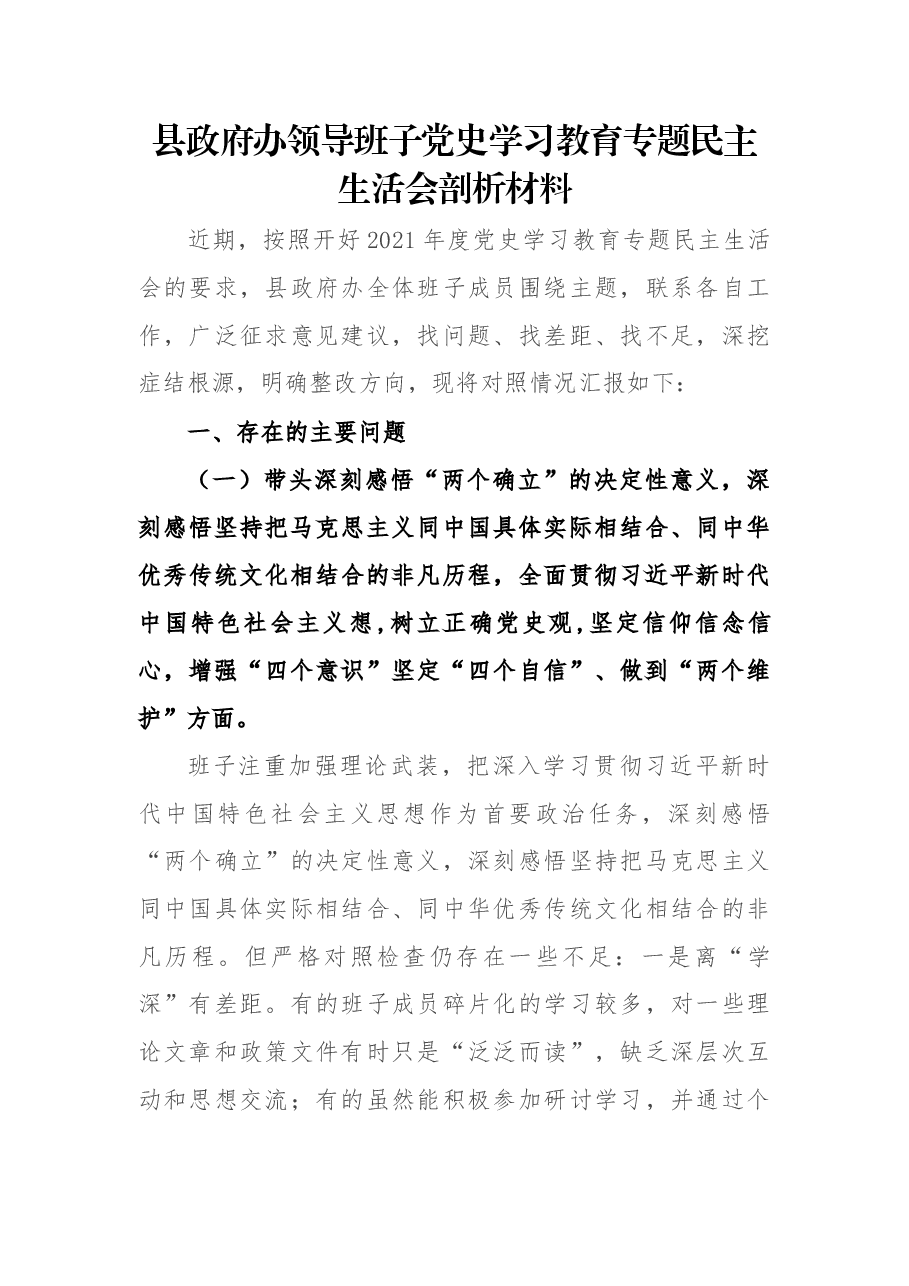 县政府办领导班子党史学习教育专题民主生活会剖析材料.docx,第1页预览