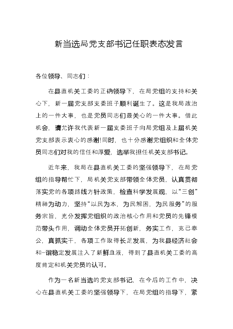 新当选局党支部书记任职表态发言.docx,第1页预览