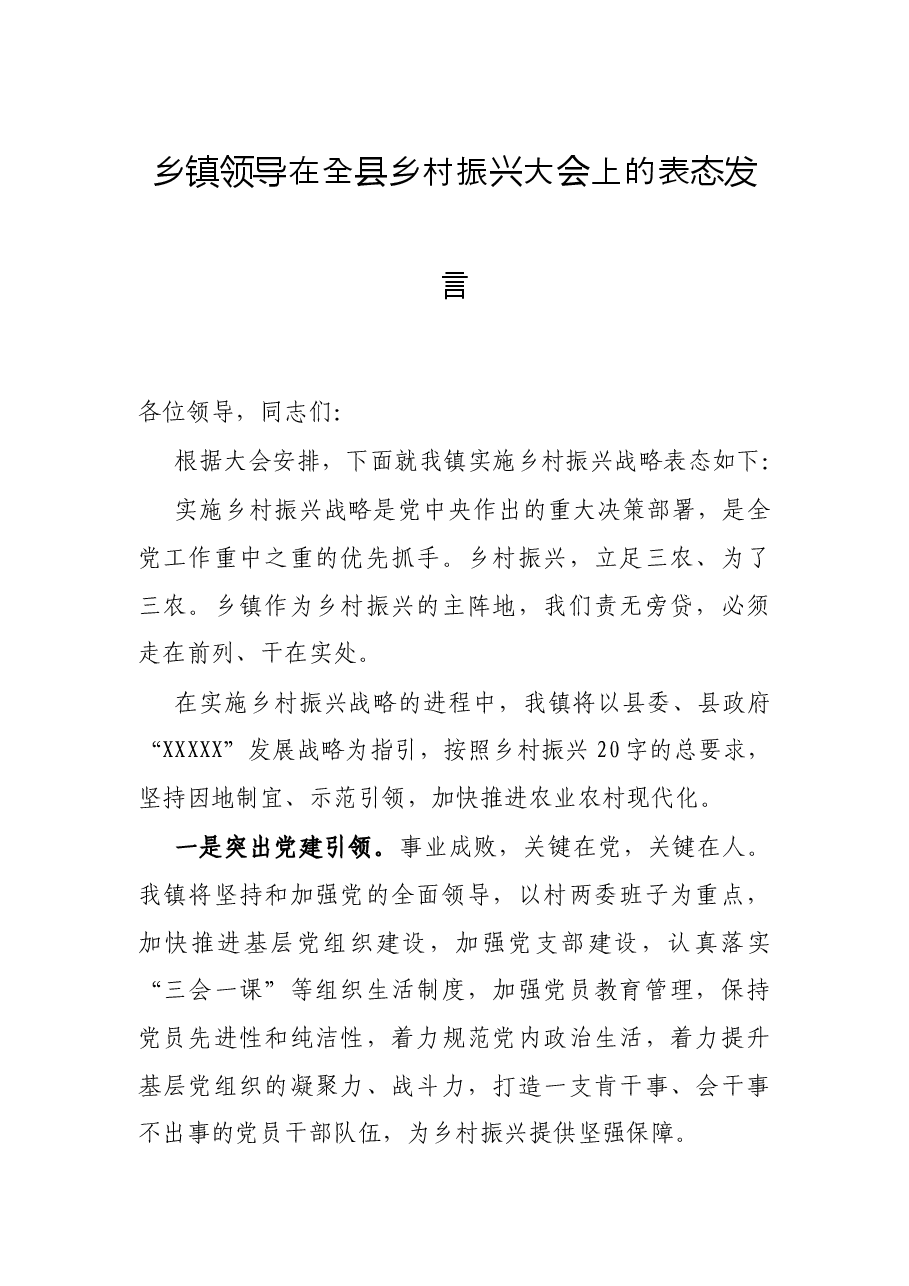 乡镇领导在全县乡村振兴大会上的表态发言.docx,第1页预览