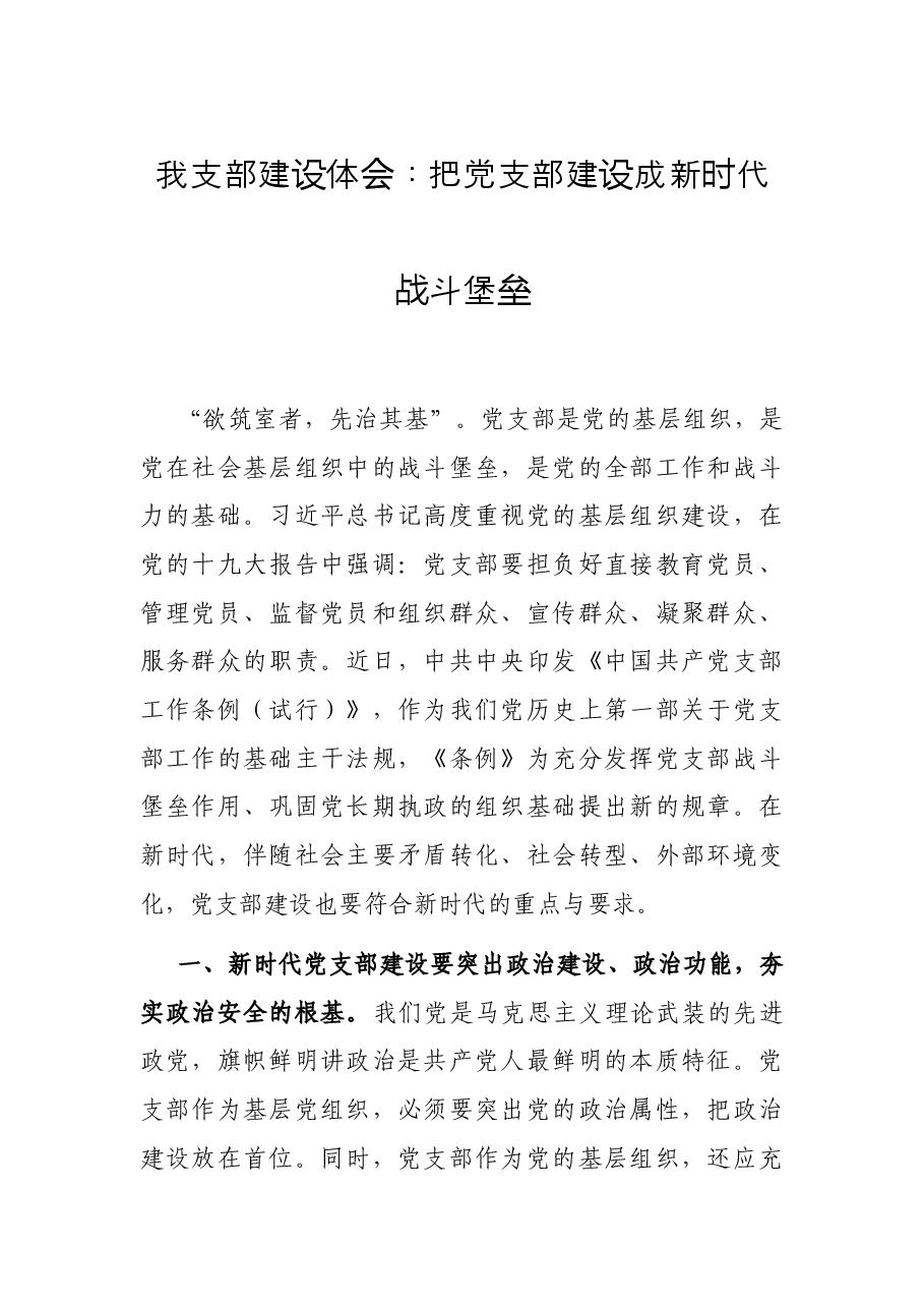 我支部建设体会:把党支部建设成新时代战斗堡垒.docx,第1页预览