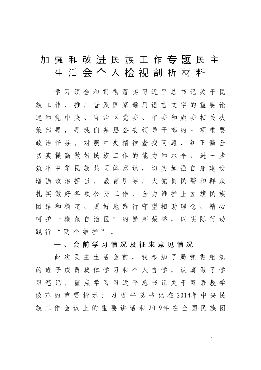 加强和改进民族工作专题民主生活会个人检视剖析材料.doc,第1页预览