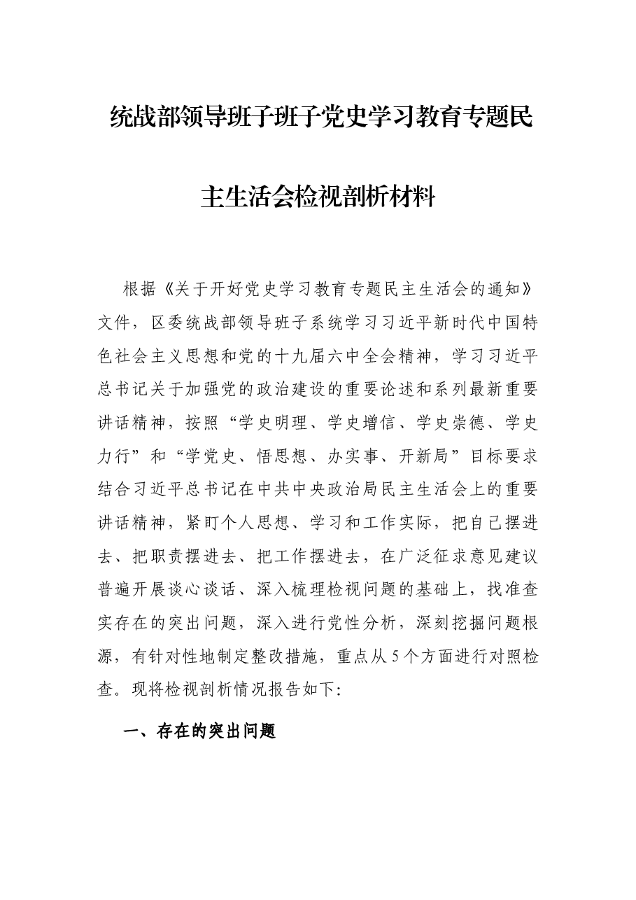 统战部领导班子班子党史学习教育专题民主生活会检视剖析材料.docx,第1页预览