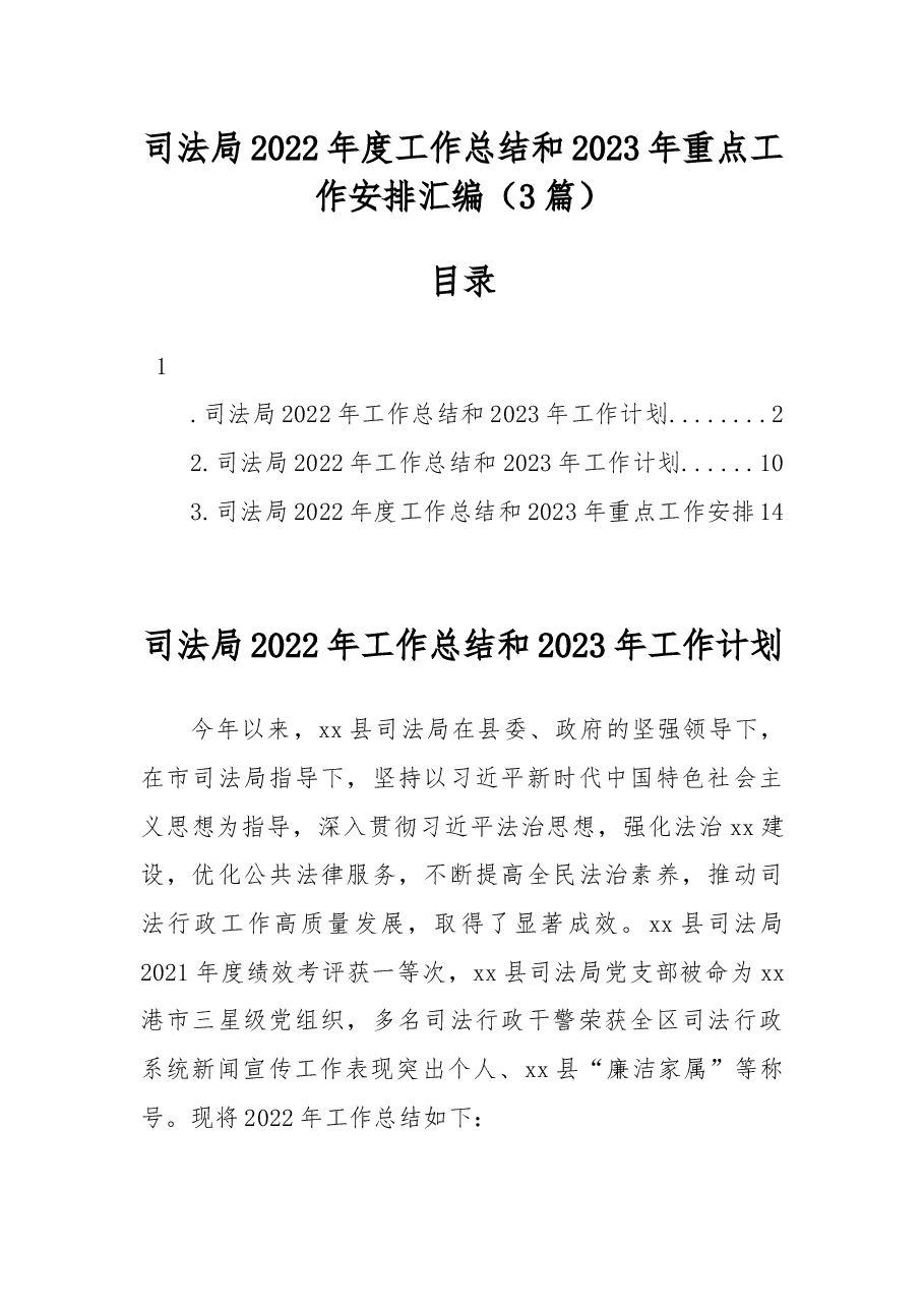 (3篇)司法局2022年度工作总结和2023年重点工作安排汇编.docx,第1页预览
