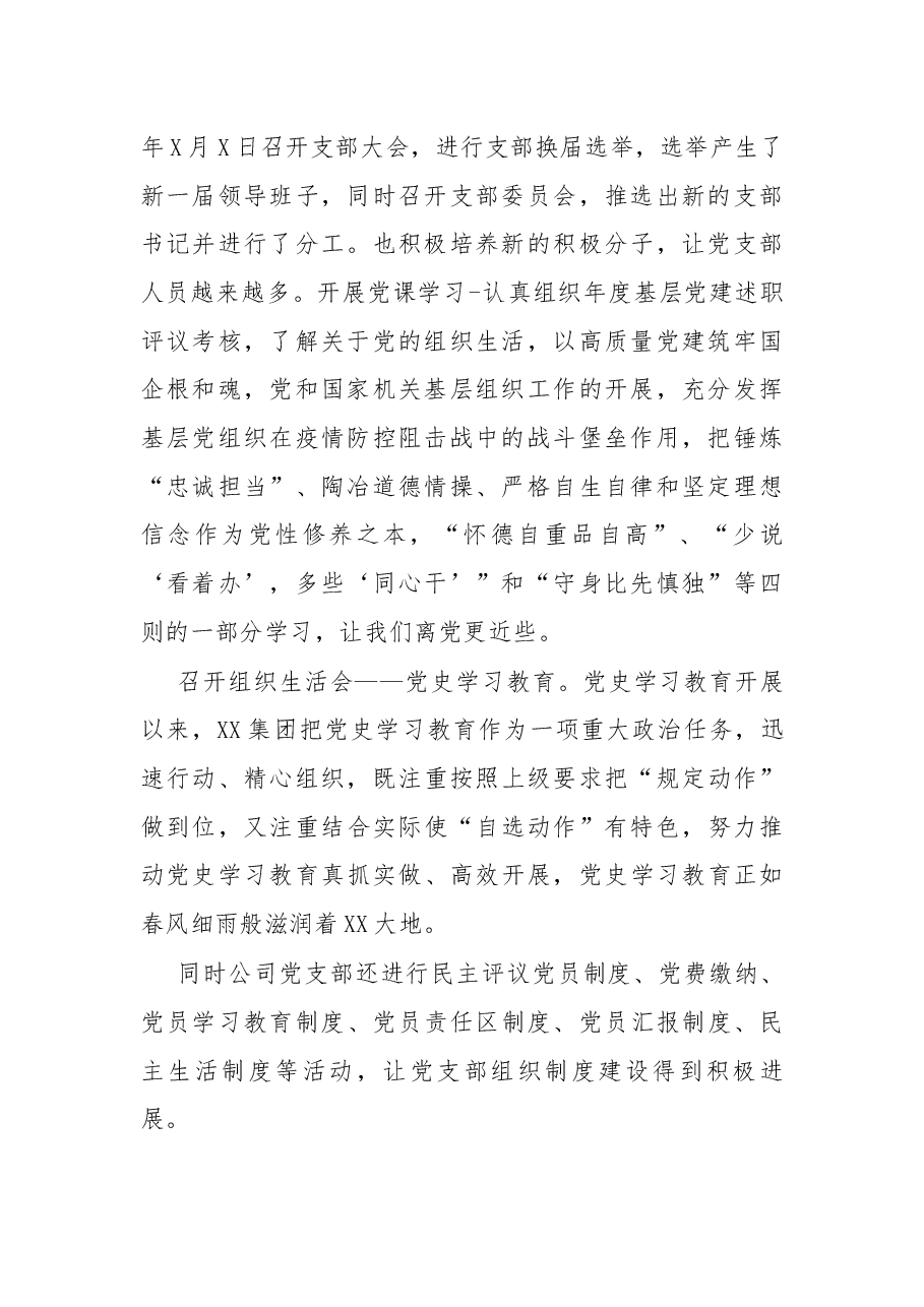 2021年X集团支部党建工作总结及下年度工作计划.docx,第2页预览