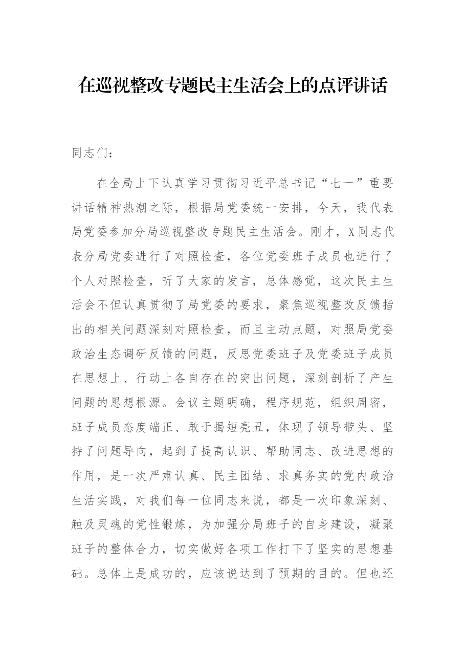 在巡视整改专题民主生活会上的点评讲话.docx,第1页预览