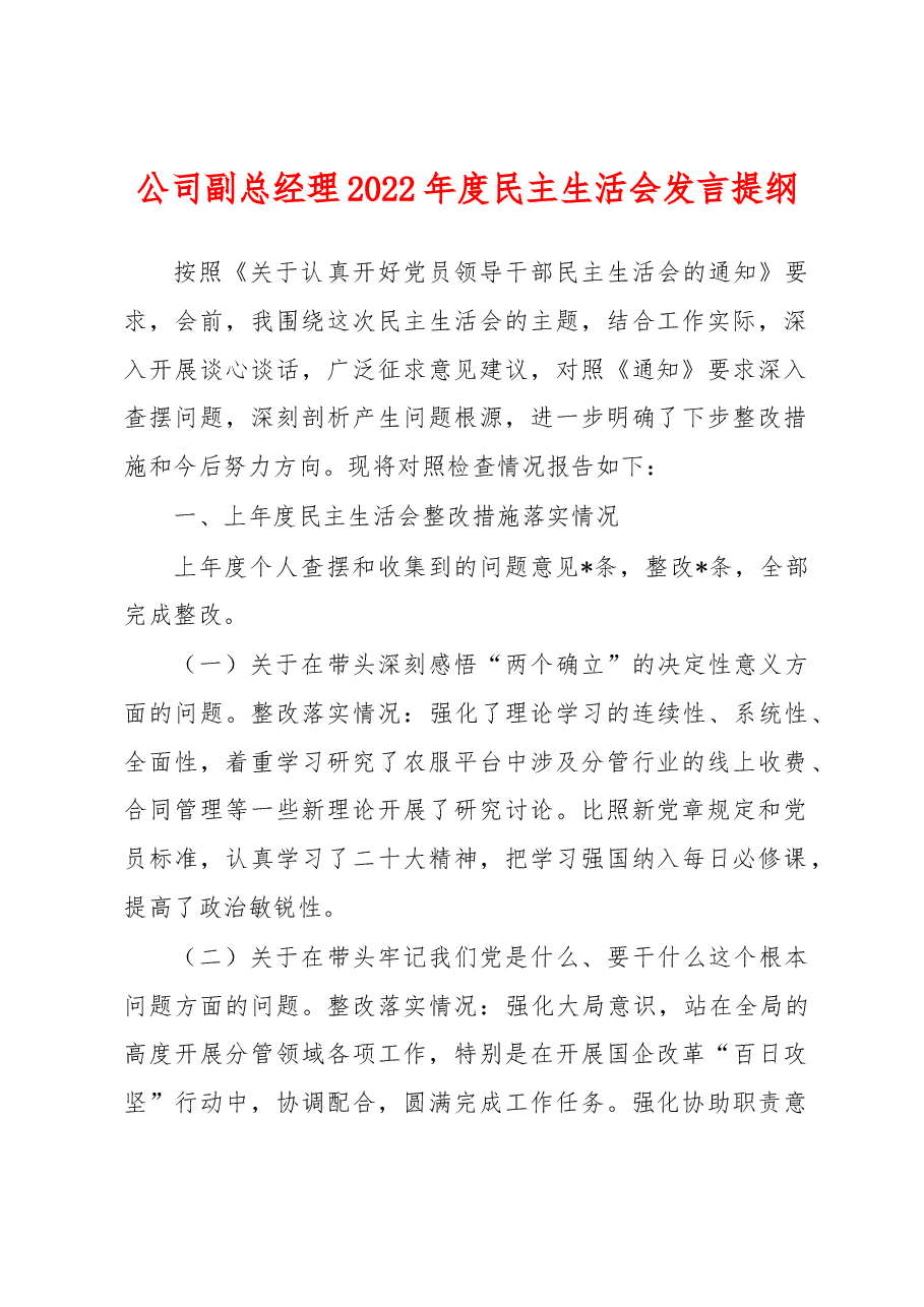 公司副总经理2022年度民主生活会发言提纲.docx,第1页预览