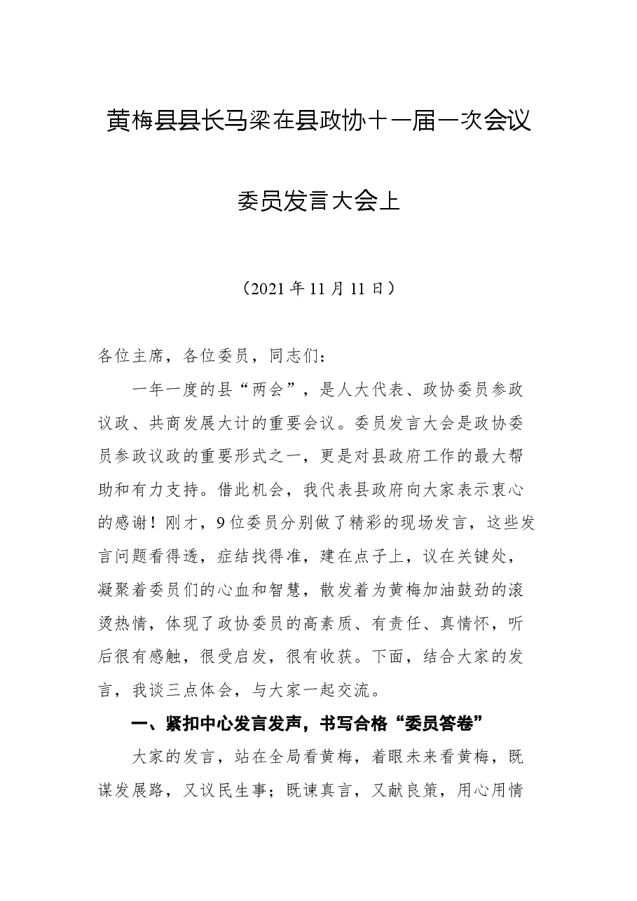 黄梅县县长马梁在县政协十一届一次会议委员发言大会上.docx,第1页预览