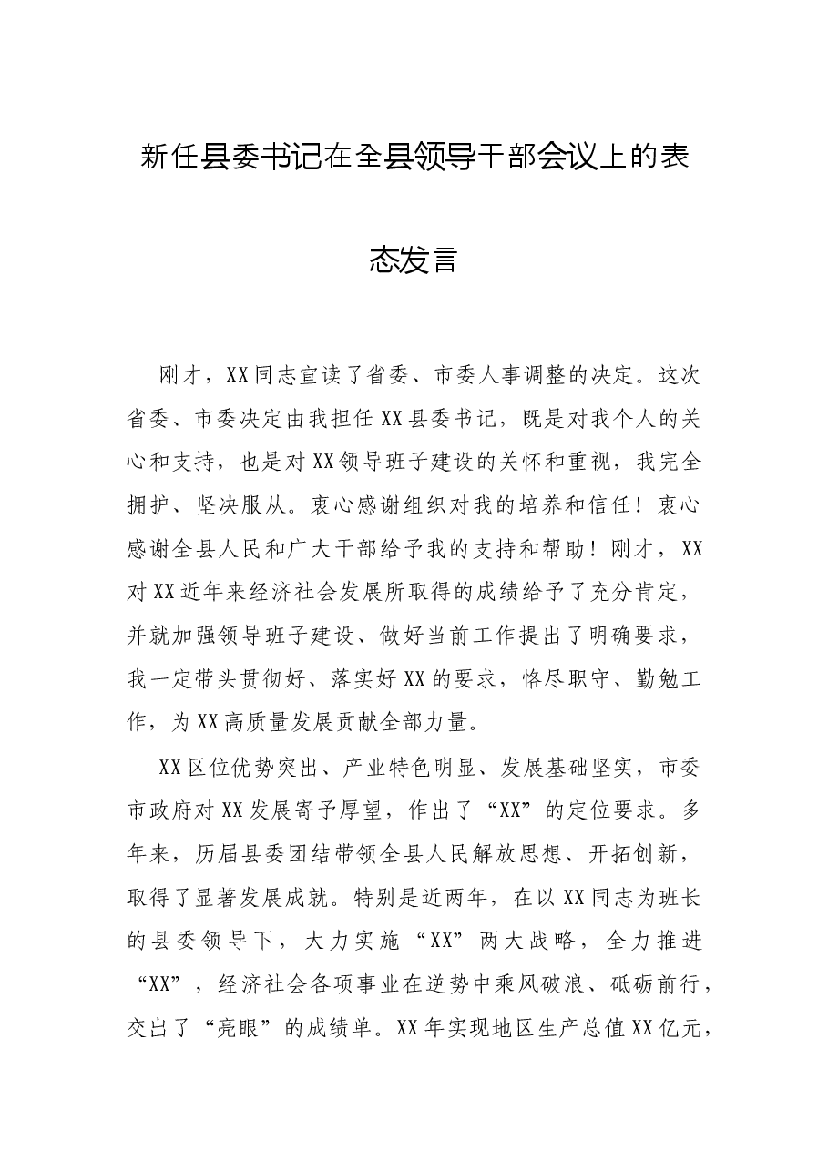 新任县委书记在全县领导干部会议上的表态发言.docx,第1页预览