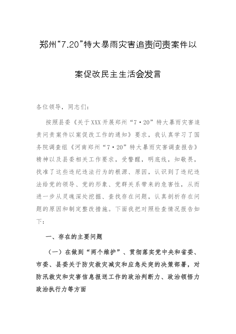 郑州“7.20”特大暴雨灾害追责问责案件以案促改民主生活会发言.docx，第1页预览