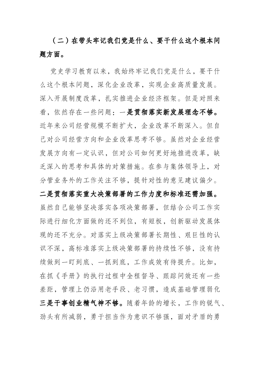 国企业副总经理党史学习教育五个带头专题民主生活会对照检查材料.docx,第3页预览
