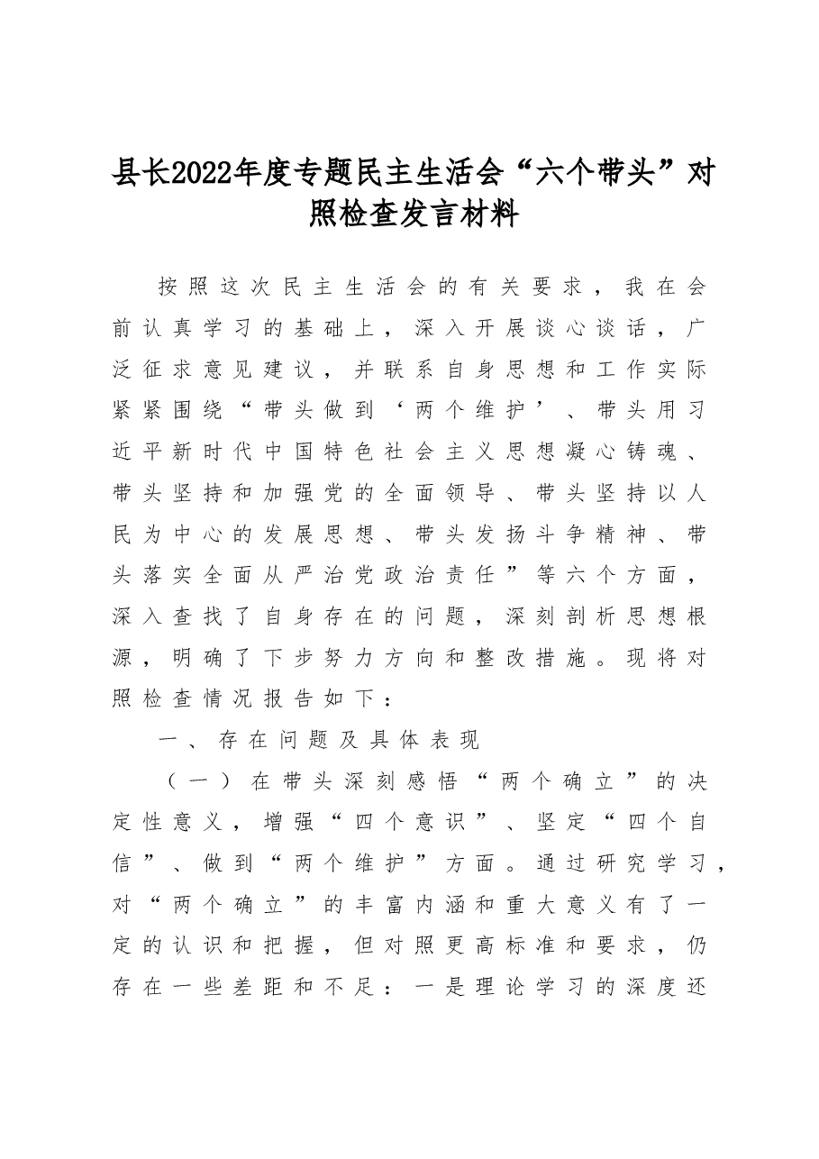 县长2022年度专题民主生活会“六个带头”对照检查发言材料.doc，第1页预览