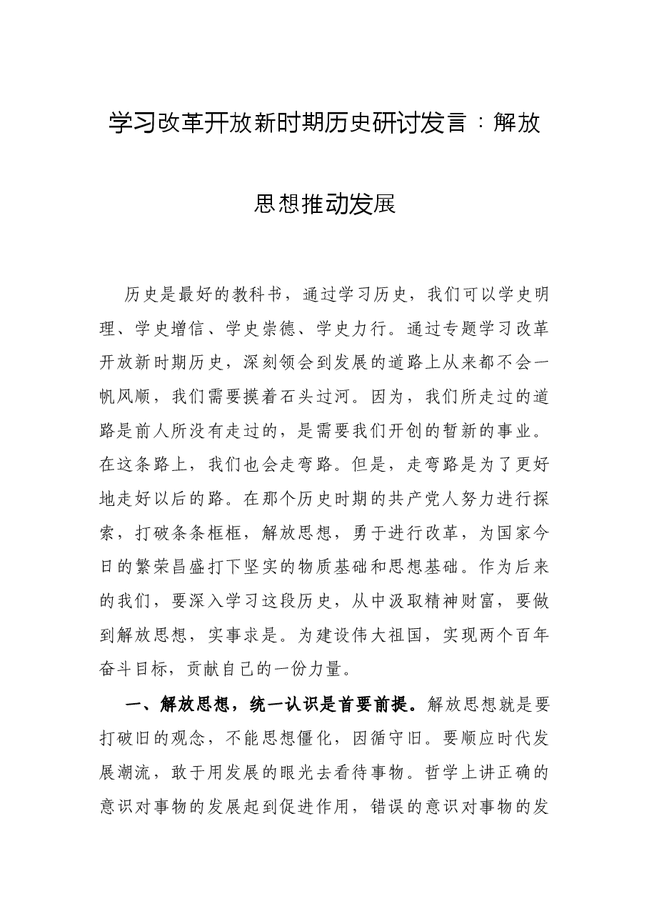 学习改革开放新时期历史研讨发言:解放思想 推动发展.docx,第1页预览