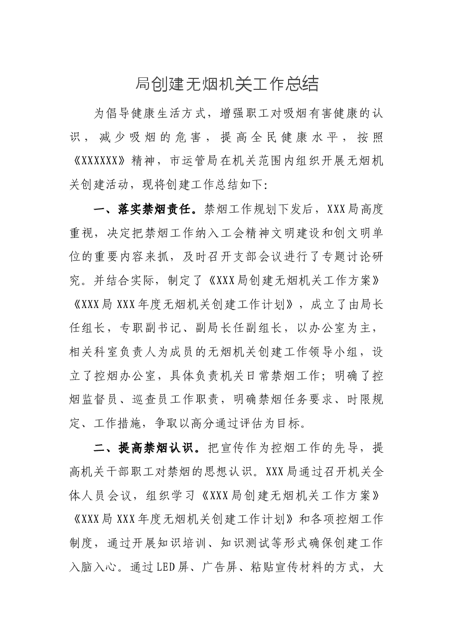 局创建无烟机关工作总结.docx,第1页预览