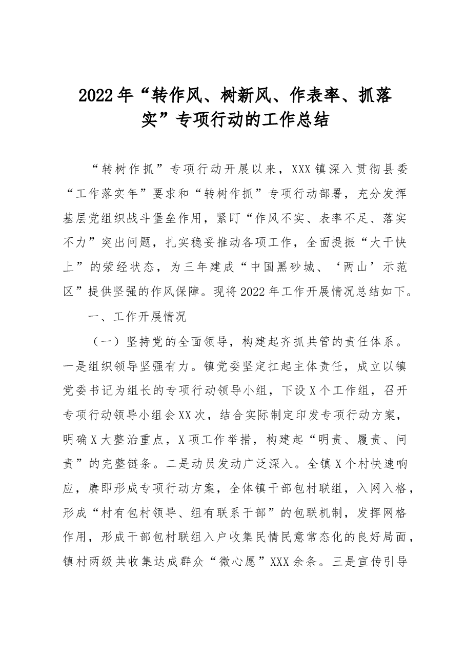 2022年“转作风、树新风、作表率、抓落实”专项行动的工作总结.docx,第1页预览