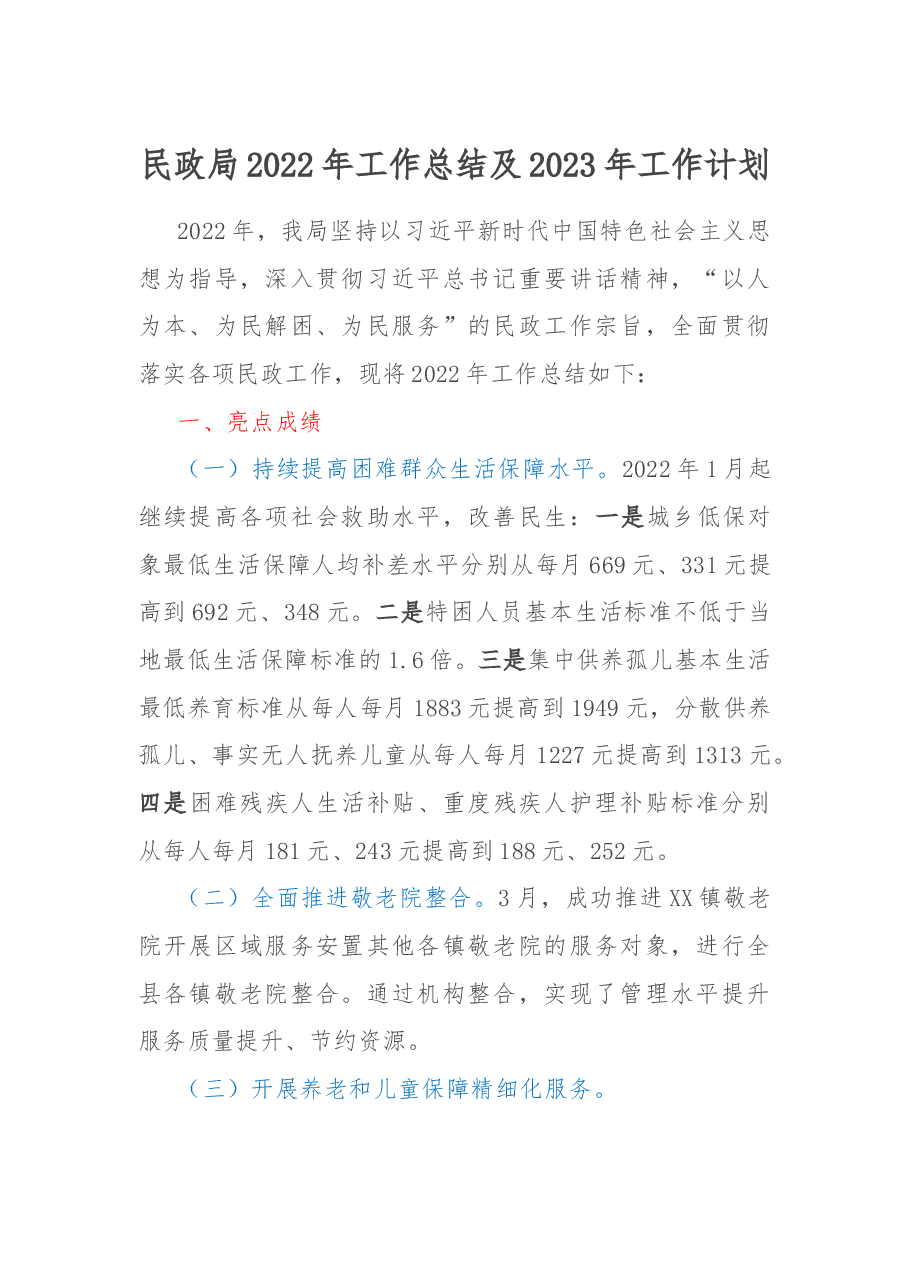 民政局2022年工作总结及2023年工作计划.docx,第1页预览
