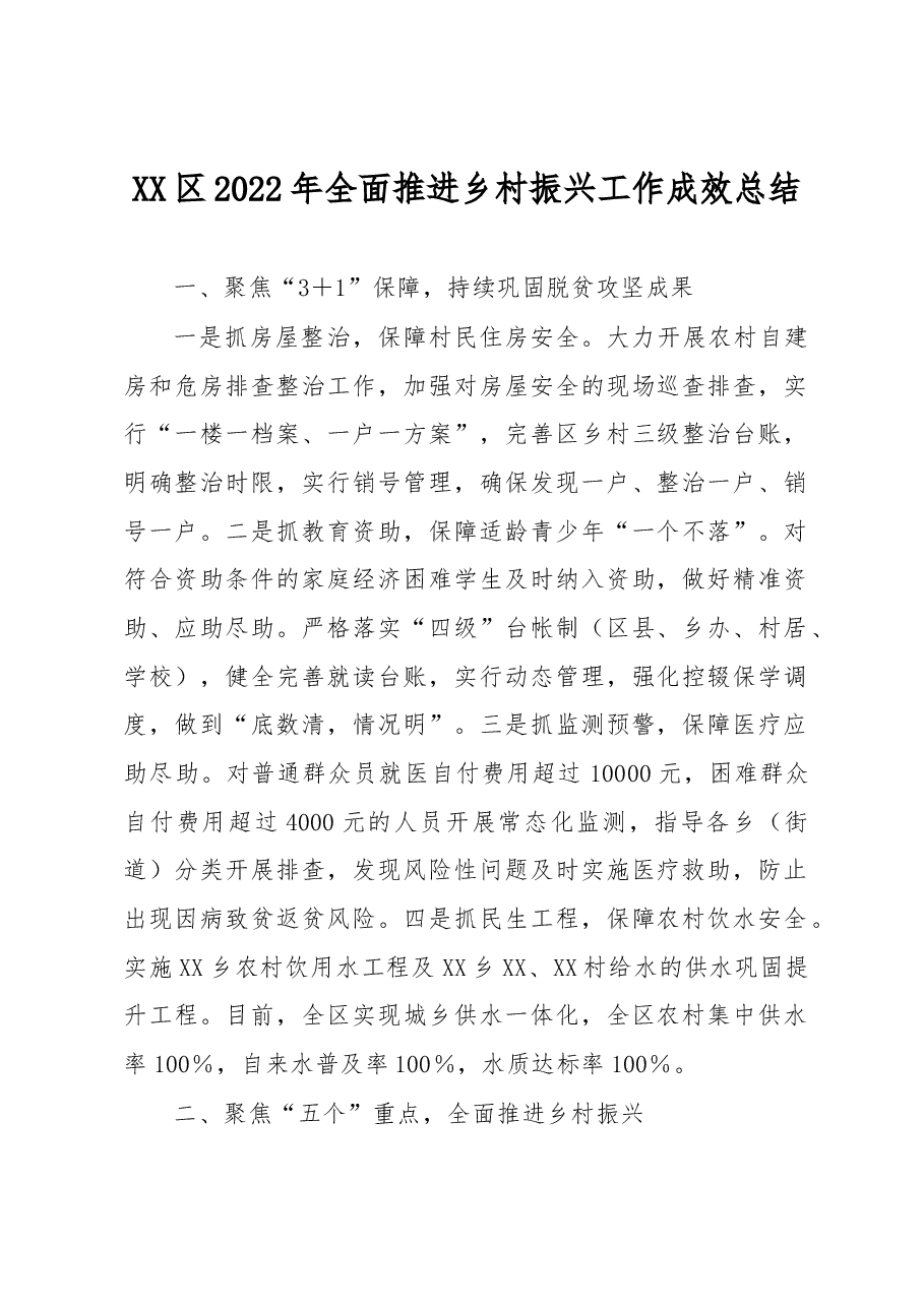 XX区2022年全面推进乡村振兴工作成效总结.docx,第1页预览