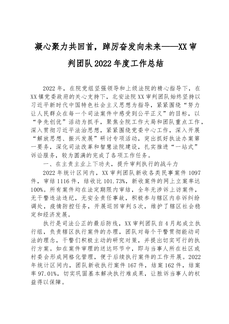 凝心聚力共回首,踔厉奋发向未来——XX审判团队2022年度工作总结.docx,第1页预览