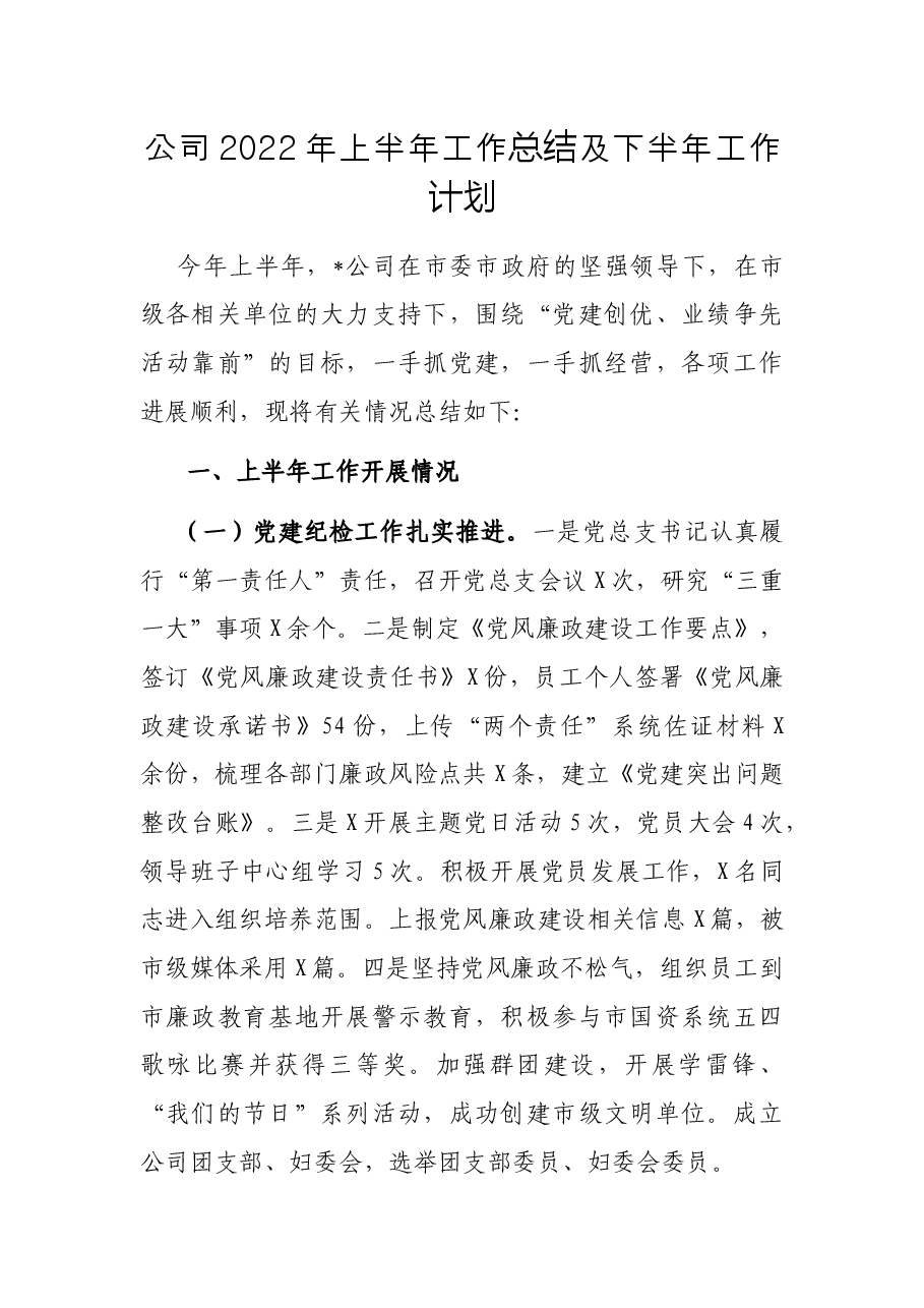 公司2022年上半年工作总结及下半年工作计划.docx,第1页预览