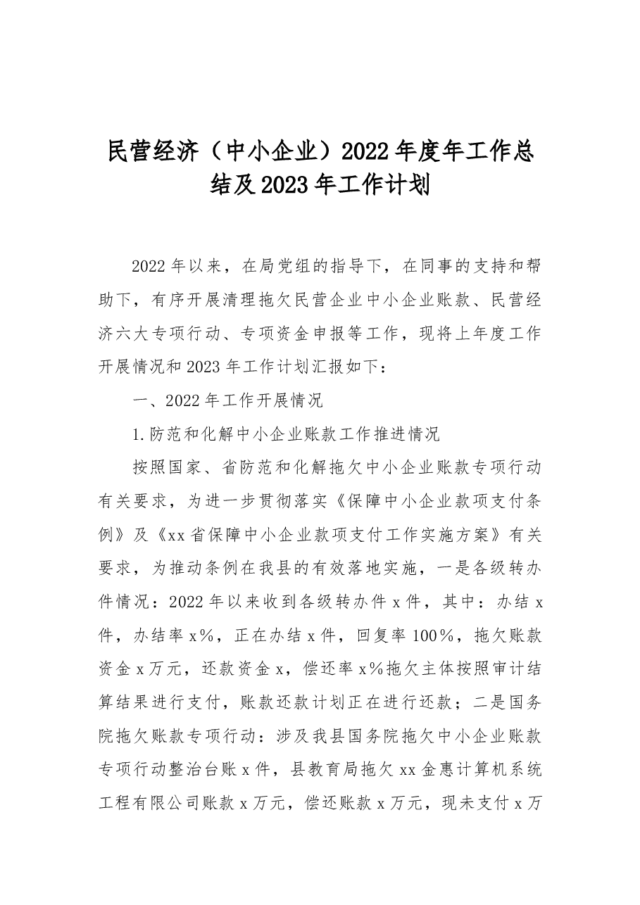民营经济(中小企业)2022年度年工作总结及2023年工作计划.docx,第1页预览