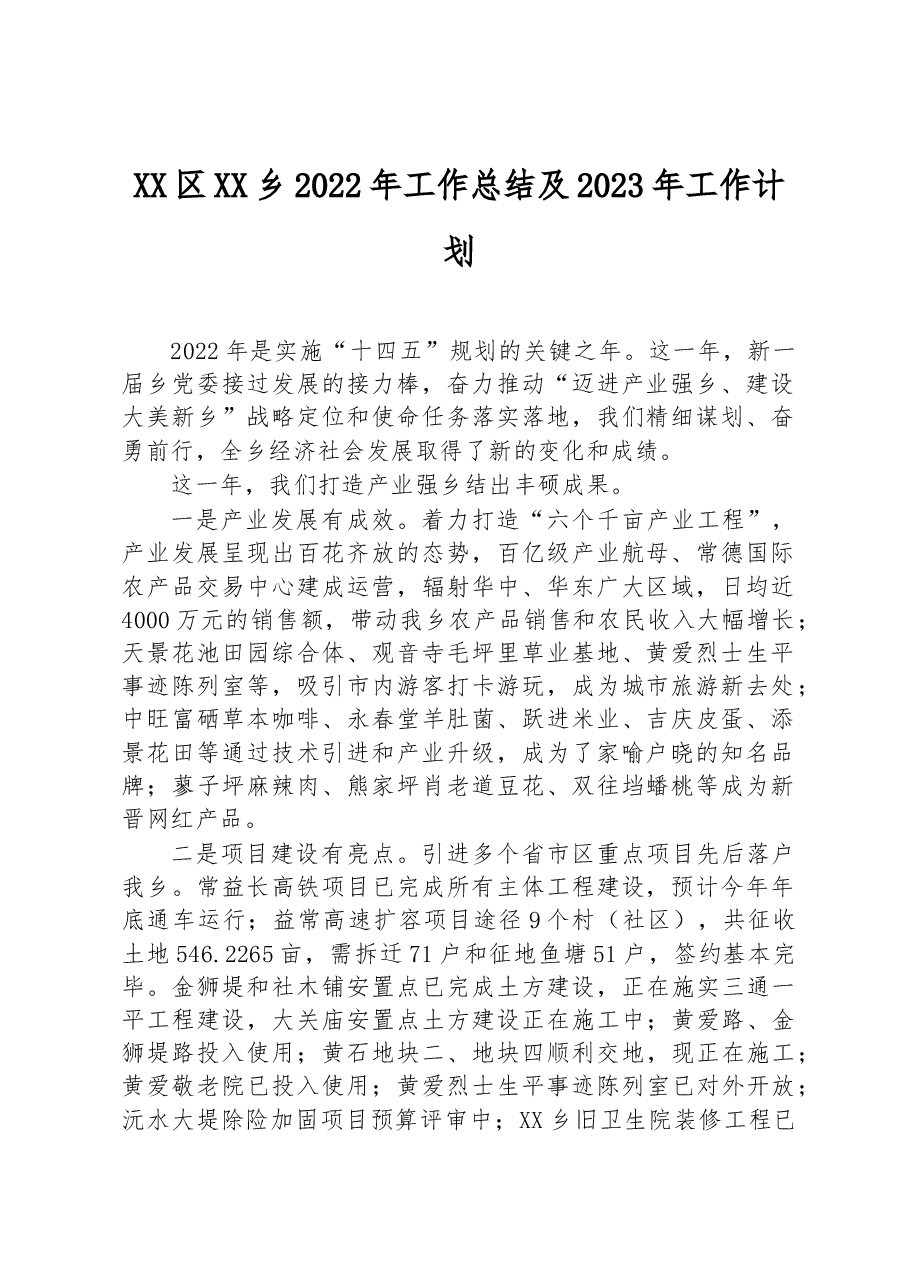 XX区XX乡2022年工作总结及2023年工作计划.docx,第1页预览