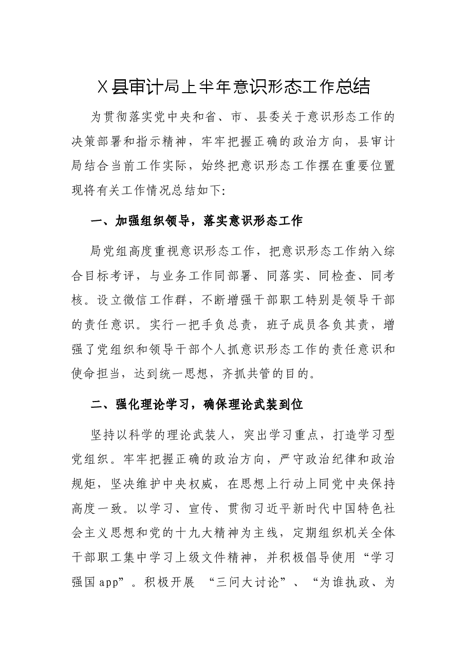 X县审计局上半年意识形态工作总结.docx,第1页预览