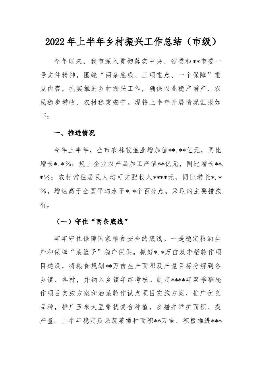 2022年上半年乡村振兴工作总结(市级).docx,第1页预览