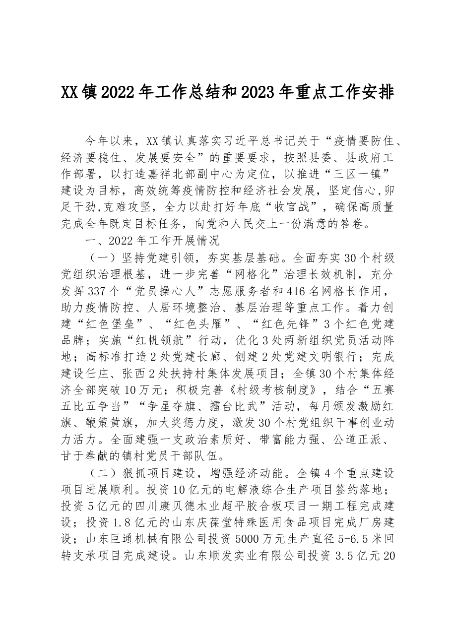 XX镇2022年工作总结和2023年重点工作安排.docx,第1页预览