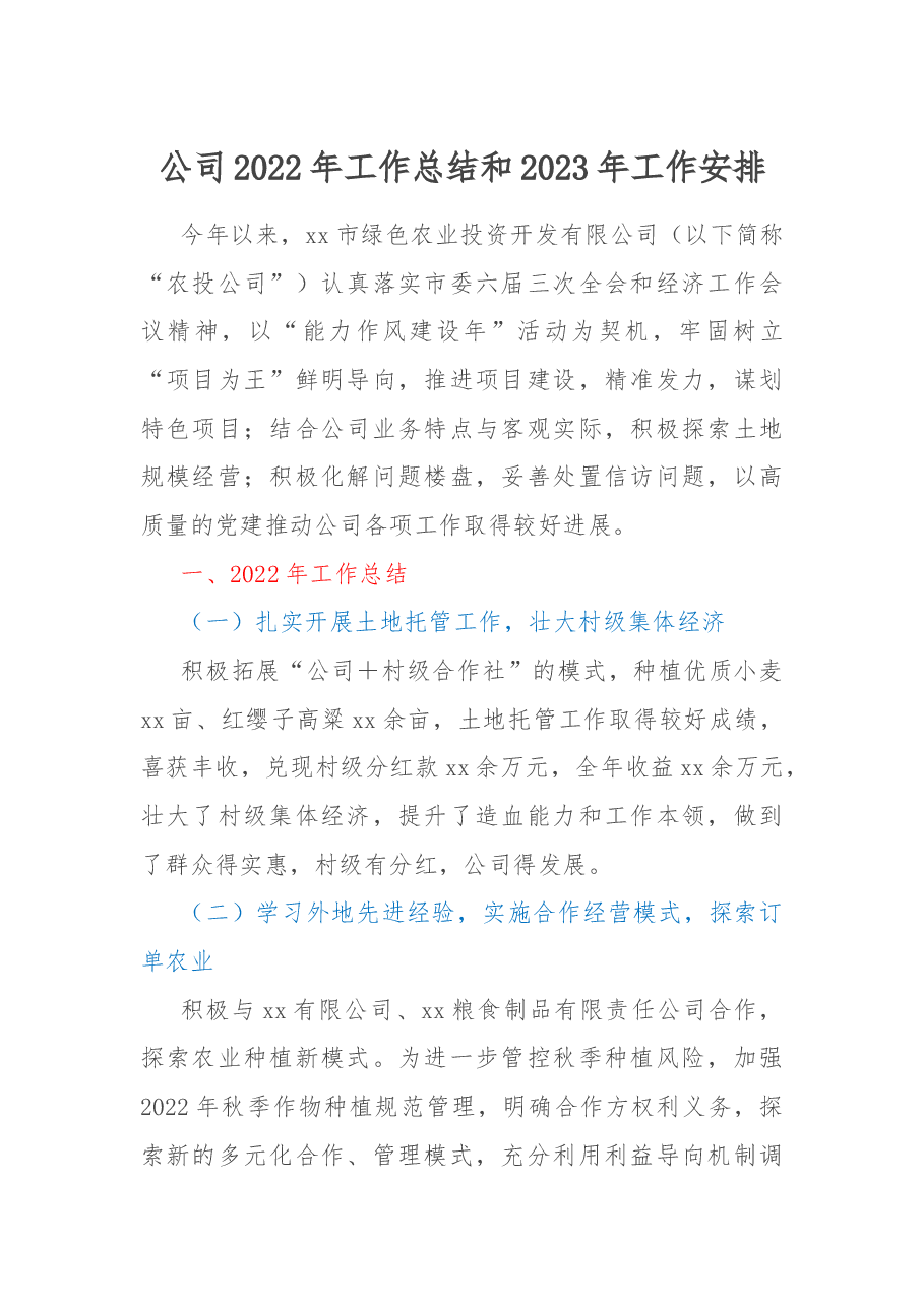 公司2022年工作总结和2023年工作安排.docx,第1页预览