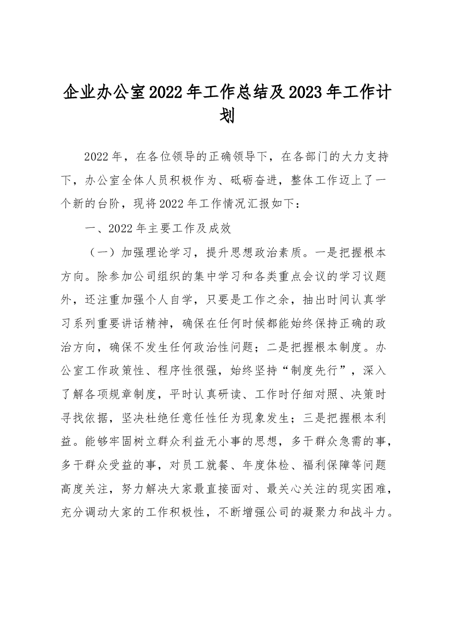 企业办公室2022年工作总结及2023年工作计划.docx,第1页预览