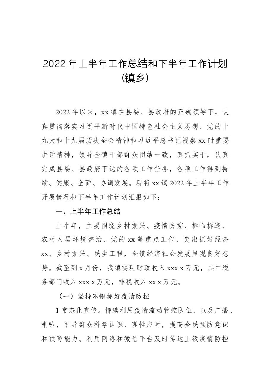 2022年上半年工作总结和下半年工作计划(镇乡).docx,第1页预览