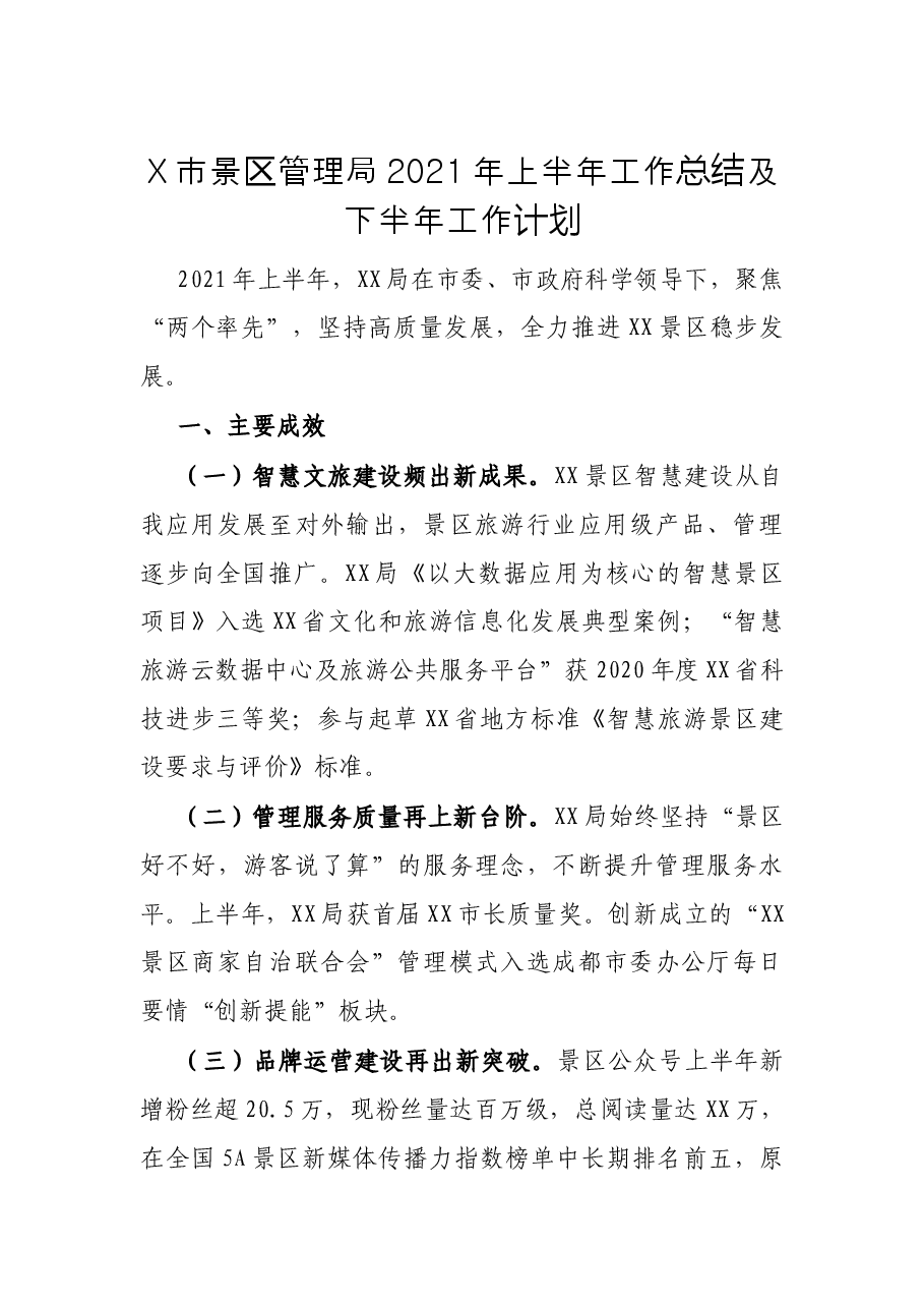 X市景区管理局2021年上半年工作总结及下半年工作计划.docx,第1页预览