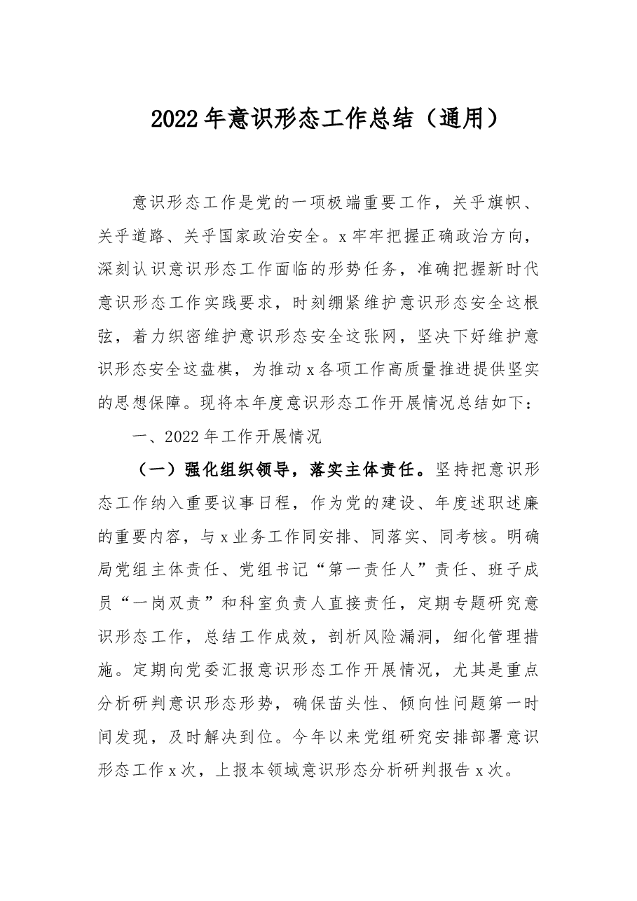 2022年意识形态工作总结.doc，第1页预览