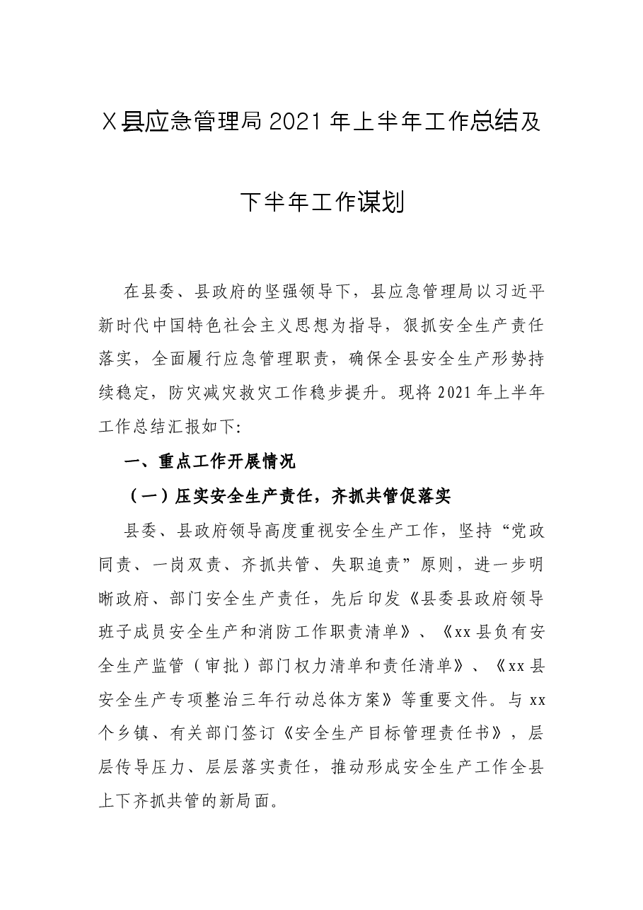 X县应急管理局2021年上半年工作总结及下半年工作谋划.docx，第1页预览