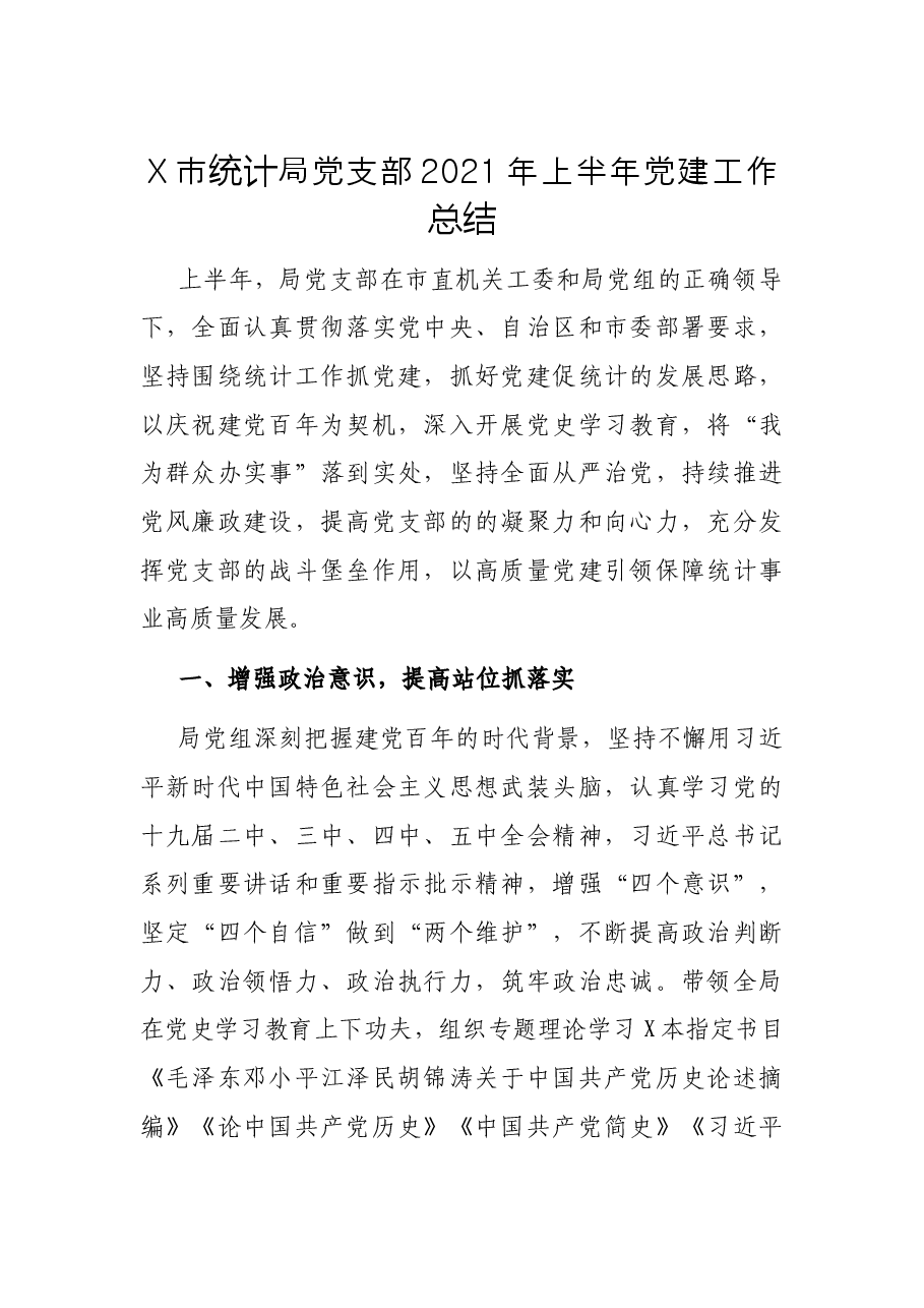 X市统计局党支部2021年上半年党建工作总结.docx，第1页预览