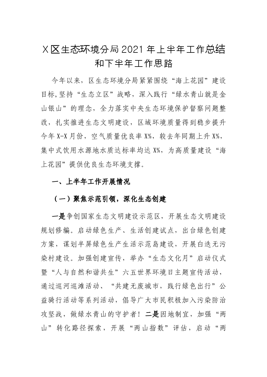 X区生态环境分局2021年上半年工作总结和下半年工作思路.docx,第1页预览