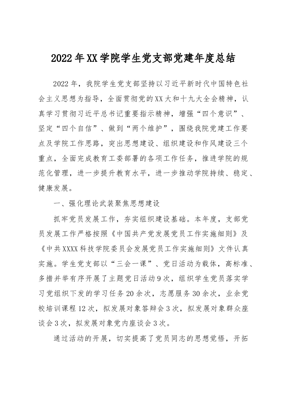 2022年XX学院学生党支部党建年度总结.docx，第1页预览