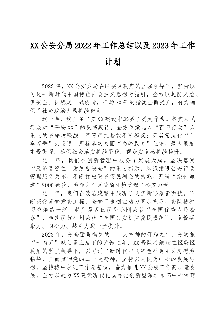 XX公安分局2022年工作总结以及2023年工作计划.docx，第1页预览